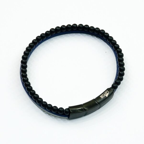 Pulsera Lotus Style | Cuentas Negras Mate y Base de Cuero Azul