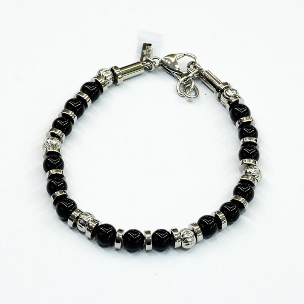 Pulsera Lotus Style | Cuentas Negras y Detalles de Acero