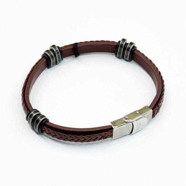 Pulsera Lotus Style | Cuero Marrón y Aros de Acero
