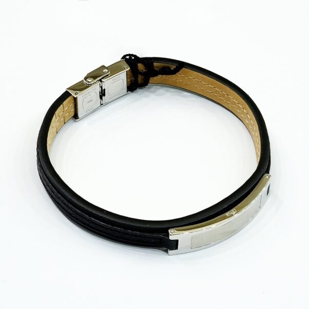 Pulsera Lotus Style | Cuero Negro y Placa de Acero Satinado
