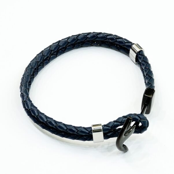 Pulsera Lotus Style | Cuero Azul Trenzado y Ancla de Acero IP Black