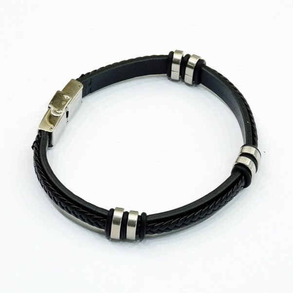 Pulsera Lotus Style | Cuero Negro y Aros de Acero Envejecido