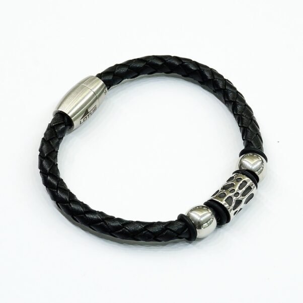 Pulsera Lotus Style | Cuero Negro Trenzado y Cilindro Calado