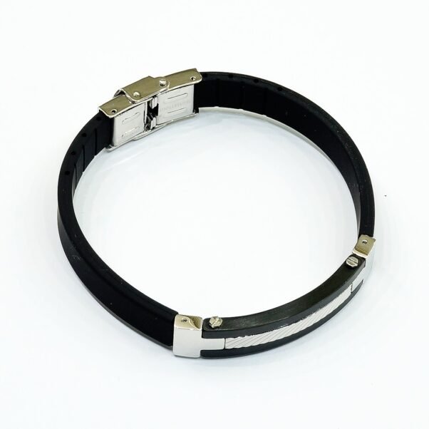 Pulsera Lotus Style | Caucho Negro y Placa de Acero Bifacial