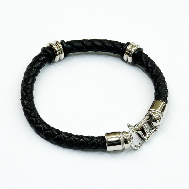 Pulsera Lotus Style | Cuero Negro Trenzado y Mosquetón de Acero